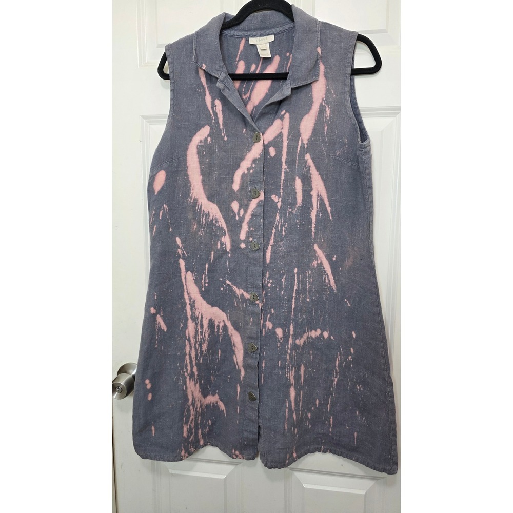 J. Jill Linen Dress Women's L Gray Pink Bleach Splash Sleeveless Button Down